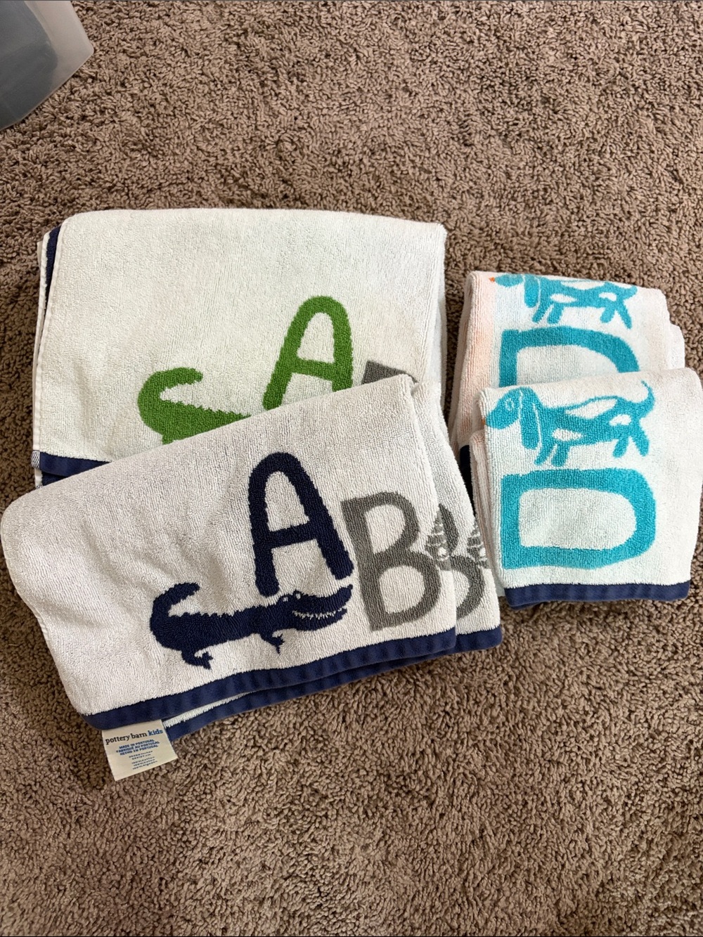 Pottery Barn Kids Blue, Green & Teal Alphabet Animal Towels